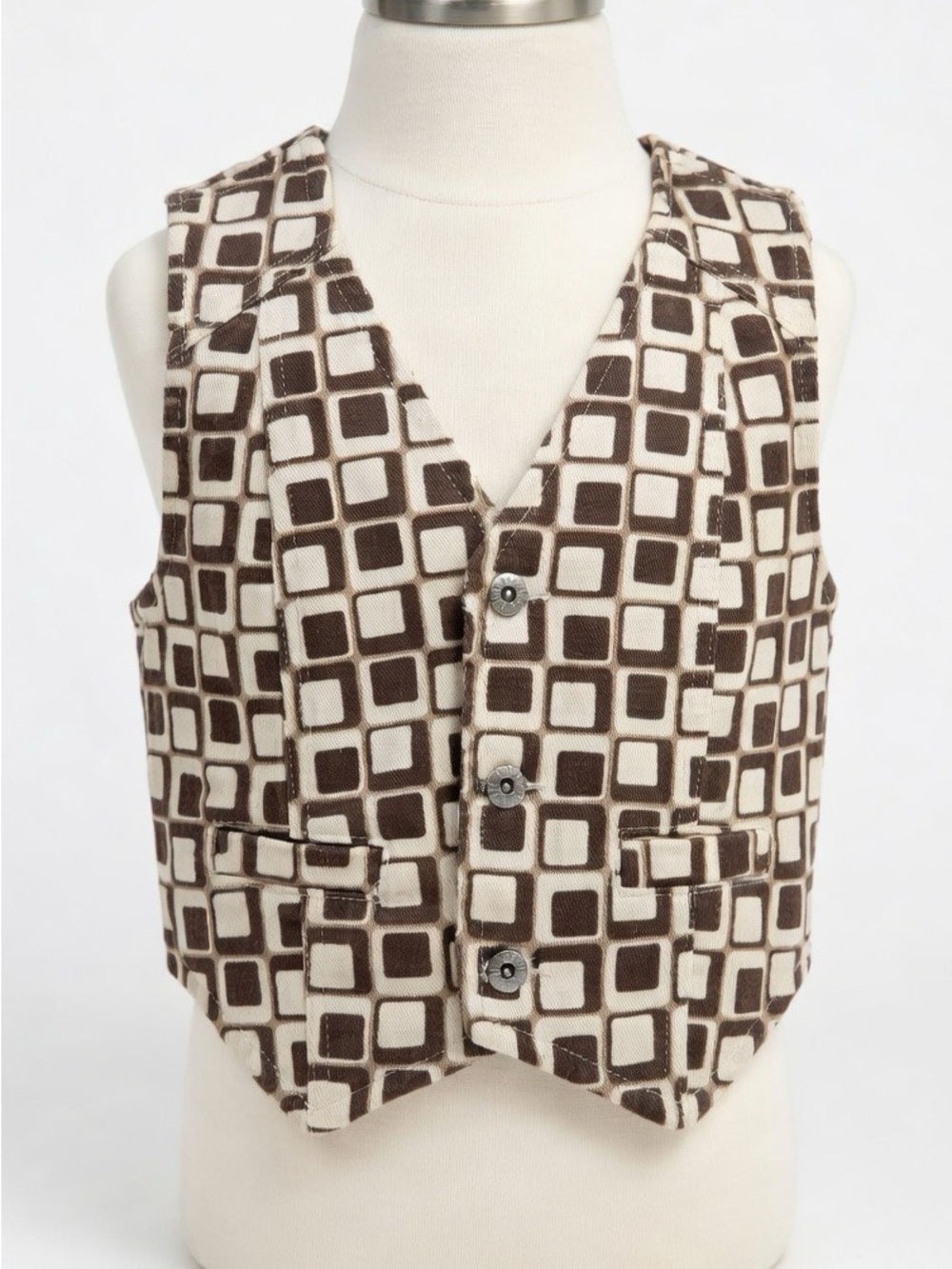 The Ragged Priest Brown and Cream Square Print Vest
